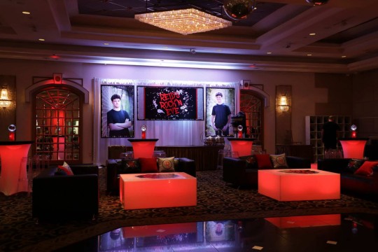 Amazing Bar Mitzvah with Custom LED Lounge Setup with Red Lighting and Custom Backdrop with Blow Up Pictures