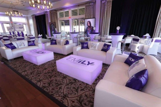 Club Themed Bat Mitzvah Lounge with LED Furniture & Logo Decals at Willow Ridge Country Club