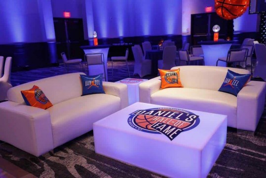 Basketball Themed Bar Mitzvah Lounge with Custom LED Tables, Logo Tables and Mini Lounge Centerpieces