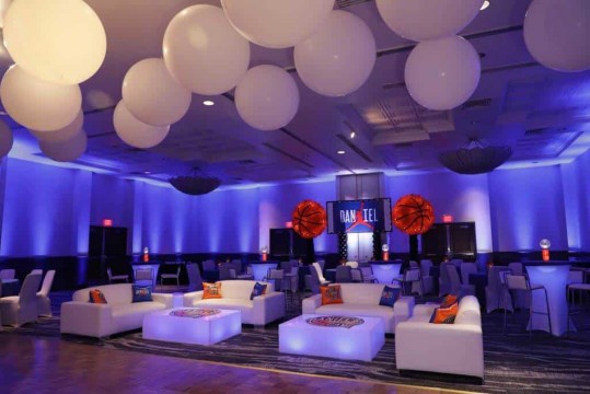Basketball Themed Bar Mitzvah Lounge with Custom LED Tables, Logo Tables and Mini Lounge Centerpieces at the Renaissance Westchester Hotel