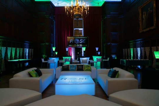 Neon Themed Bat Mitzvah Lounge with LED Furniture, Custom Pillows & Logo Backdrop at Reid Castle
