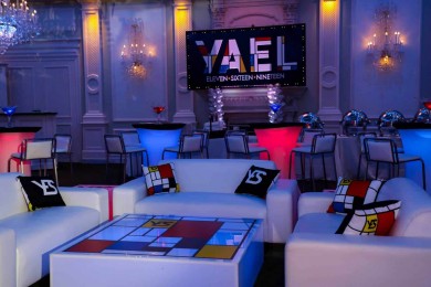 Mondrian Themed Bat Mitzvah Lounge with LED Furniture, Custom Pillows & Logo Backdrop at The Rockleigh