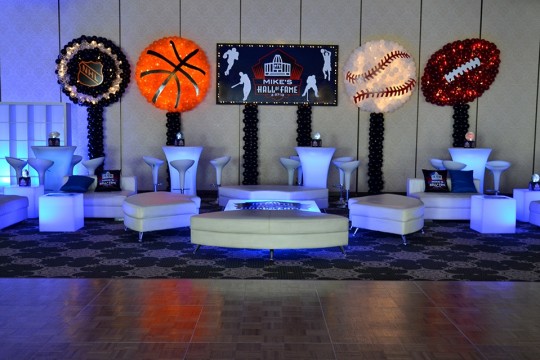 Sports Themed Lounge Decor with Custom Backdrop & Sports Ball Balloon Sculptures Background