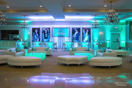 Lacrosse Themed Bat Mitzvah Lounge with Custom Logo & Photo Backdrop, LED Furniture, Logo Pillows & Centerpieces at Villa Barone Hilltop Manor