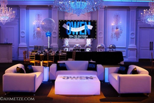 Music Themed Bar Mitzvah Lounge with LED Furniture, Logo Backdrop & Custom Pillows at The Rockleigh