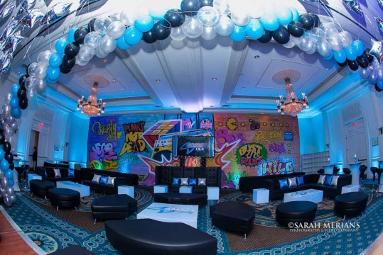 Graffiti Themed Bar Mitzvah Lounge with LED Furniture, Custom Logo Decals, Pillows, Graffiti Wall Mural & Logo Backdrop