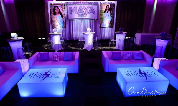 Beautiful Custom LED Lounge Furniture with Mini Cocktail Centerpiece, Custom Backdrop & Blow Up Picture for Parties