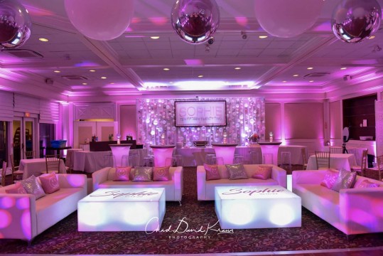 Light Pink Bat Mitzvah LED Lounge Custom Backdrop and Balloon Bubble Wall at Hampshire Country Club