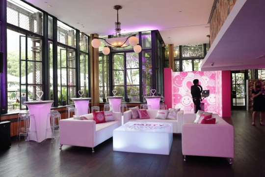 Bat Mitzvah Lounge with Logo LED Tables, Custom Pillows & LED Hightops at Bryant Park Grill