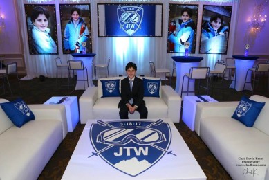 Ski Themed Bar Mitzvah Lounge with LED Furniture, Logo Pillows, Custom Decals & Logo & Photo Backdrop at The Rockleigh