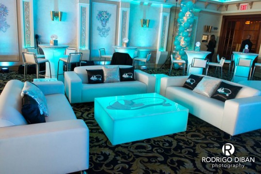 Bat Mitzvah Lounge Setup with LED Furniture, Custom Decals & Logo Pillows at Marina Del Ray Caterers