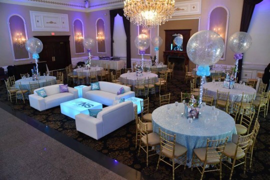 Bat Mitzvah Lounge with LED Tables, Logo Decals & Custom Pillows at Florentine Gardens