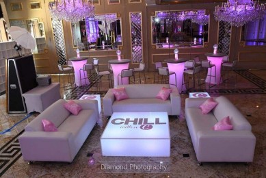 Bat Mitzvah Lounge Setup with Custom LED Tables, Logo Pillows and Mini Lounge Centerpieces at Seasons Catering, NJ