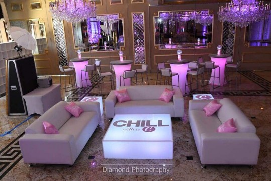 Bat Mitzvah Lounge Setup with Custom LED Tables, Logo Pillows and Mini Lounge Centerpieces at Seasons Catering, NJ