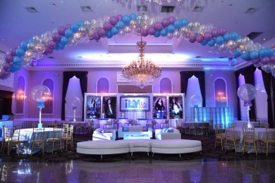 Lavender & Turquoise Bat Mitzvah Lounge with LED Furniture, Logo & Photo Backdrop & Sparkle Balloon Centerpieces at Florentine Gardens