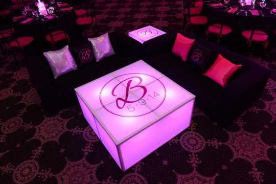 Custom Hot Pink, Black & Silver Lounge with LED Tables, Logo Decals & Logo Pillows