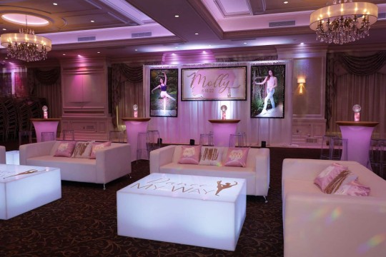 Custom Logo Lounge with Backdrop & Blowup Photos for Dance Themed Bat Mitzvah at The Terrace at Biagios