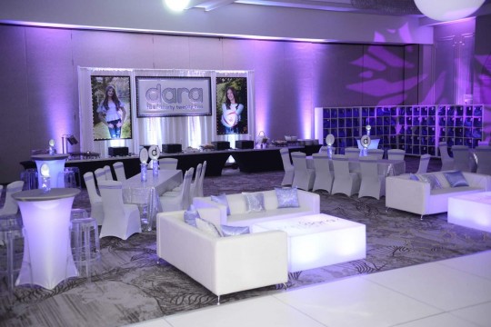 Lavender Lounge with Custom Backdrop & Blowup Photos for Bat Mitzvah at Park Ridge Marriott