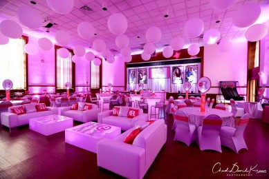 Club Themed Bat Mitzvah Lounge with LED Furniture, Logo & Photo Backdrop, Custom Pillows & Centerpieces
