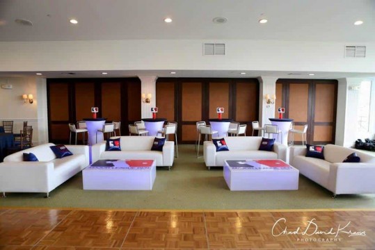 Baseball Themed Bar Mitzvah Lounge with LED Furniture & Logo Decals at Rockrimmon Country Club