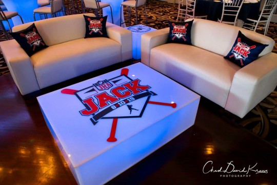 Baseball Themed Bar Mitzvah Lounge with Custom Logo Pillows & LED Tables