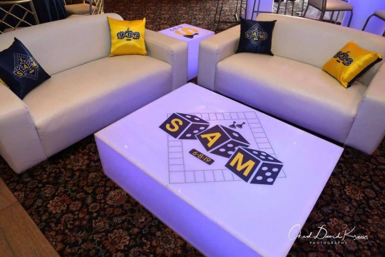 Game Themed Bar Mitzvah Lounge with Custom Logo LED Tables & Pillows