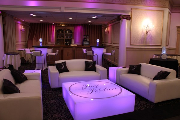 Purple Bat Mitzvah Lounge with Custom Pillows, LED Logo Tables, LED Hightops & Mini Centerpieces