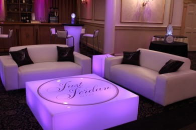 Purple Bat Mitzvah Lounge with Custom Pillows, LED Logo Tables, LED Hightops & Mini Centerpieces