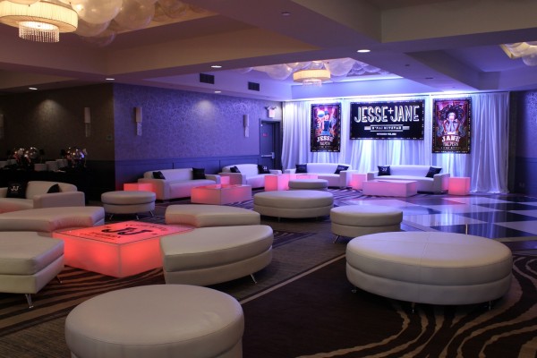 Bnai Mitzvah Lounge Decor with Custom Pillows, LED Furniture & Logo Decals & Custom Backdrop with Blowup Photos