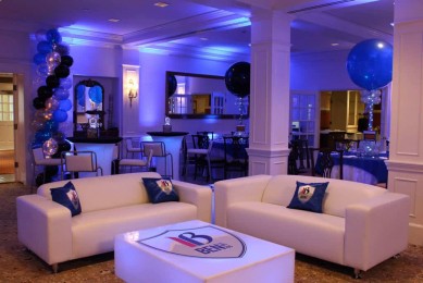 Ski Themed Bar Mitzvah Lounge with Custom Pillows, LED Tables with Logo Decal & Balloon Columns