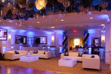 Ski Themed Bar Mitzvah Lounge with Custom Pillows, LED Tables with Logo Decal & Balloon Columns at Mt Kisco Country Club
