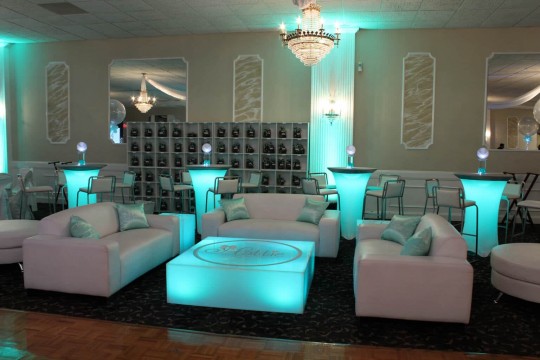 Custom Bat Mitzvah Lounge with LED Furniture, Hightops, Logo Pillows & Mini Centerpieces at the Gran Centurions