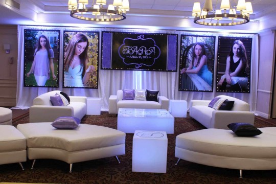 Custom Lounge with LED Curtain Backdrop & Blowup Photos, LED Furniture with Custom Decals & Logo Pillows for Sweet Sixteen at The Mahwah Sheraton