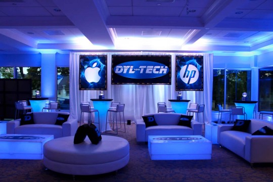 Technology Themed Bar Mitzvah Lounge with Custom Logo Backdrop, LED Furniture & Logo Pillows at Elmwood Country Club