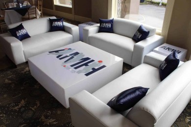Sports Themed Bar Mitzvah Lounge with Custom Logo Pillows & Vinyl Decals on Furniture at Portobello