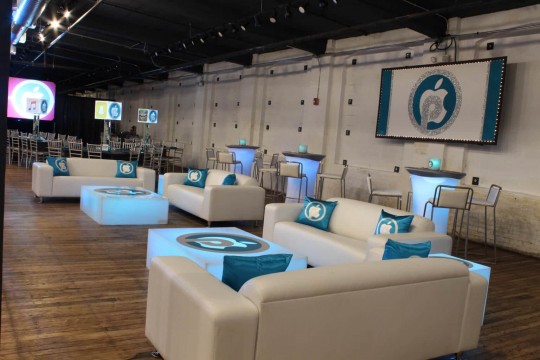 App Themed Bat Mitzvah Lounge with Custom Backdrop, LED Tables with Decals & Logo Pillows at Factory 220
