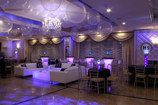Custom B'nai Mitzvah Lounge with LED Furniture, Rock Candy Centerpieces & Custom Logo Pillows at Seasons Catering