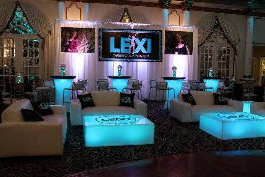 Music Themed Bat Mitzvah Lounge with LED Furniture, Decals, Logo Pillows & Custom Backdrop at Crystal Plaza