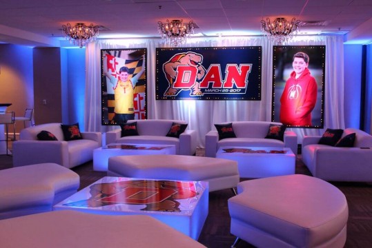 Maryland Themed Bar Mitzvah Lounge with Custom Logo & Photo Backdrop, LED Furniture and Logo Pillows & Decals at the Westin Governor Morris Inn