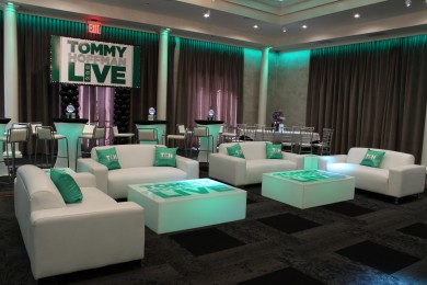 SNL Themed Bar Mitzvah Lounge with Custom Pillows, LED Hightops, Logo Decals and Custom Backdrop