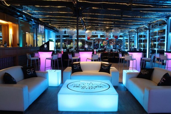 NYC Themed Bat Mitzvah Lounge with Custom LED Furniture & Decals at Sunset Terrace, Chelsea Piers