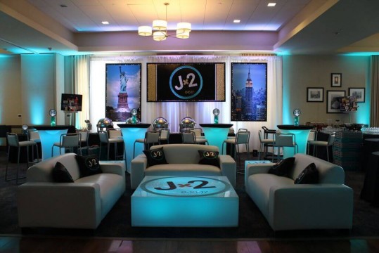 Custom B'nai Mitzvah Lounge with Logo Backdrop, NYC Blowups, LED Furniture and Logo Pillows at Columbia Faculty House