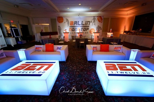 ESPN Themed Bar Mitzvah Lounge with Custom Logo Mural & LED Coffee Tables with Logo Decal at Hampshire Country Club