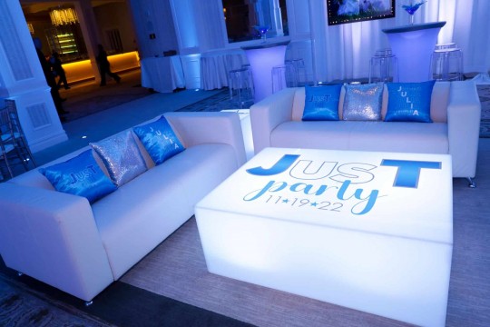 Bat Mitzvah Lounge with LED Logo Tables & Custom Pillows