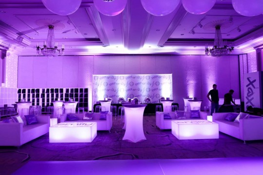 Lavender Bat Mitzvah Lounge Setup with Custom Logo Mural & LED Furniture at Hilton, Woodcliff Lake