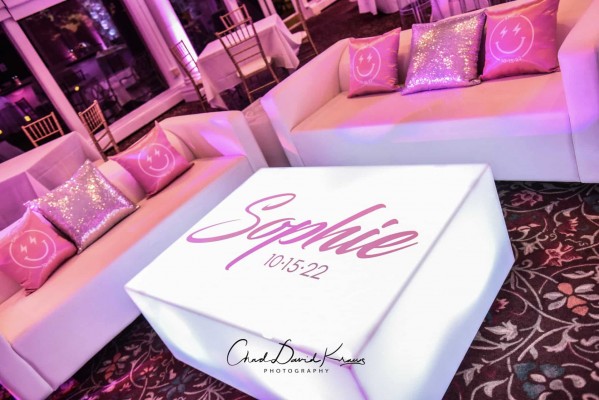 Light Pink Bat Mitzvah Lounge with Custom Coffee Tables & Logo Pillows