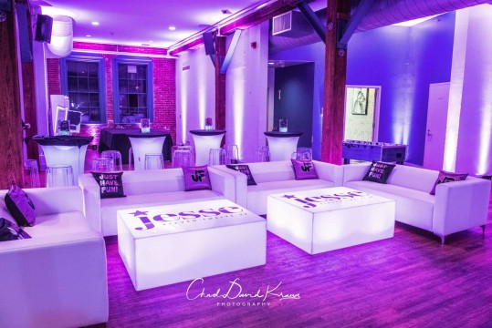 LED Purple Lounge with Custom Logo Tables & Pillows at Arch Street, Greenwich
