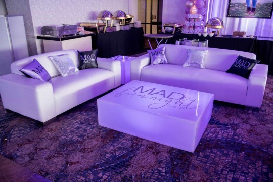 Bat Mitzvah Lounge Setup with Custom LED Tables & Logo Pillows at Marina Del Ray