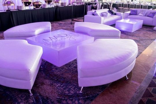 Bat Mitzvah Lounge Setup with Custom LED Tables & Logo Pillows at Marina Del Ray