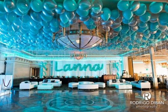 Bat Mitzvah Lounge Setup with LED Furniture, Custom Decals, Logo Pillows and Sculpture Name in Balloons at Marina Del Ray Caterers